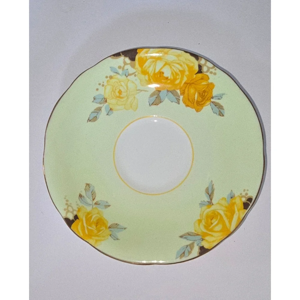 Aynsley England Bone China Teacup and Saucer Set Light Green Yellow Rose Gilt